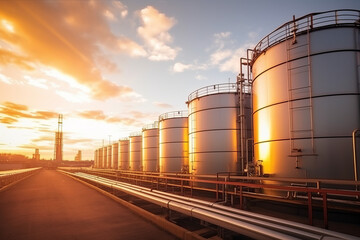 Obraz premium Chemical plant s storage tanks at sunset hour