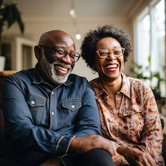 Joyful African American mature couple laughing at home showing love companionship and happiness in a cozy living room atmosphere suitable for relationship and family-oriented content