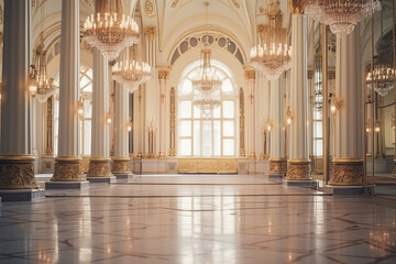 Fototapeta na wymiar Bolshoi Theater in Moscow, historic building interior. Famous former imperial foyer. Vintage style furniture, lamps and mirror