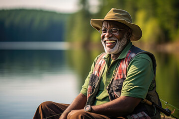 Fototapeta premium Older Black Fisherman Sitting By a Lake in the Fall Reflection and Solitude Concept