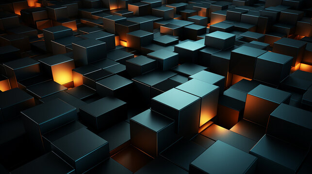 Square and cube pattern with random rules. 3D image with different heights and create shadows. Warm light emerges from the cracks of the pattern.