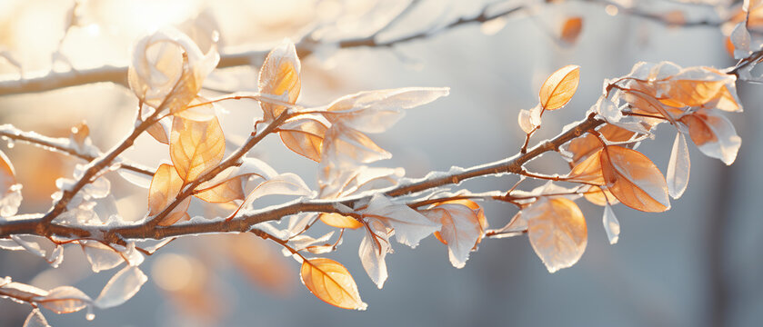 Ice-covered leaves or branches glistening in the sun, Christmas photography, blur background, Generative ai
