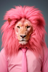 Lion with a pink mane. Animal hairstyle. Generative AI