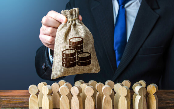Businessman holds out a money bag to the crowd. Providing money, paying salaries and grants. Official. Staff maintenance. Compensation payments. Financial support. Tax collection.