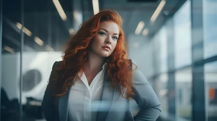 Deurstickers Plus size beautiful business woman model in a suit, in the office, window in the background © Filip
