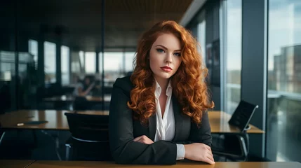 Fotobehang Plus size beautiful business woman model in a suit, in the office, window in the background © Filip