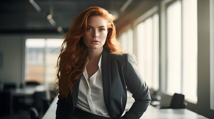 Plus size beautiful business woman model in a suit, in the office, window in the background