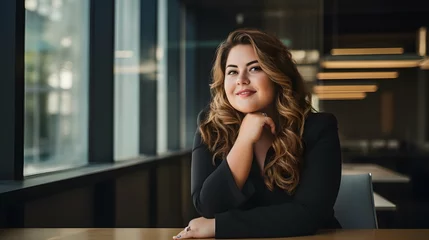 Deurstickers Plus size beautiful business woman model in a suit, in the office, window in the background © Filip
