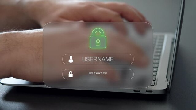 Cybersecurity, data protection concept. User access, typing username and password.
