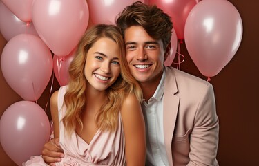 Laughing youthful couple on colourful background with balloons in the shape of hearts.