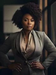 Fotobehang Plus size business woman model in a suit, in office, african american girl © Filip