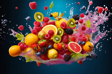 fruits mix in water splashes, on dark background, fresh and healthy food