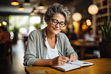 Smiling mature woman with glasses writing in notebook enjoying a tranquil moment in a cozy cafe setting ideal for lifestyle and marketing content targeting middle-aged demographics - obrazy, fototapety, plakaty