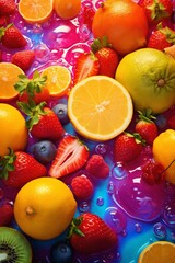 fruits mix with water splashes, on color background, fresh and healthy food