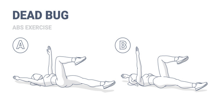 Woman Doing Dead Bug Exercise Black and White Outlined Guidance