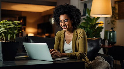 Close up portrait of young beautiful woman smiling while working with laptop in office.
