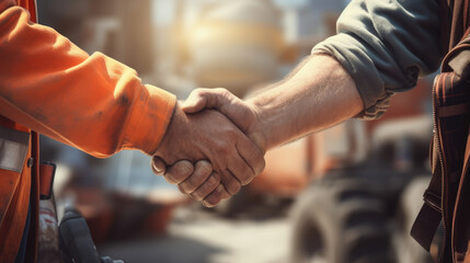 Two construction workers are shaking hands, , symbolizing teamwork at a construction site - obrazy, fototapety, plakaty