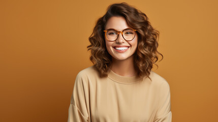 Cheerful Caucasian woman with curly brown hair, smiling against beige background.