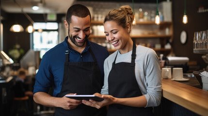 Obraz premium Cafe worker and manager smiling and engaging with each other while using a tablet