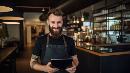 Cheerful male barista in a coffee shop, wearing an apron , holding a digital tablet and smiling, representing friendly and efficient customer service.