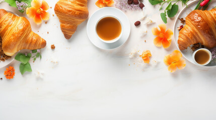 Beautifully arranged breakfast setting with golden-brown croissants, a cup of tea, and vibrant orange flowers on a light background.