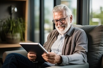 White old man with glasses, white hair, and beard sits at home on a couch in a shirt, uses a tablet at home and smiles