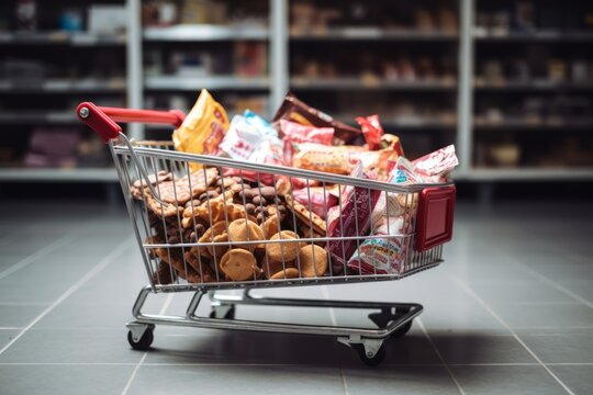 Shopping cart filled with various junk food items, reflecting indulgence and unhealthy eating habits. Modern dietary choices, obesity and convenience concept.