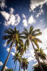 Fototapeta na wymiar Tall palm trees and blue sky with clouds. Low angle view. Tropical nature. Generative Ai
