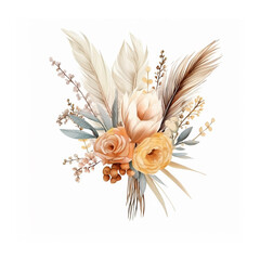Watercolor boho flower bouquets  with dried grass on a white background. Rose and feather