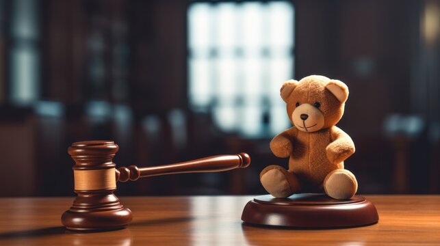 Legal Judgment on Alimony and Child Compensation with Wooden Gavel, Teddy Bear, and Advocates in the Courtroom Scene