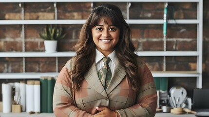 Plus size business woman model in a suit, office, Generative AI