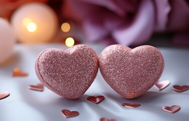 Obraz premium Valentine's Day concept: two hearts on a pink glitter background with a shiny finish .