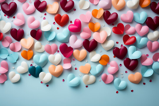 Create a lively background with scattered heart shaped confetti in various sizes and pastel colors. AI generative