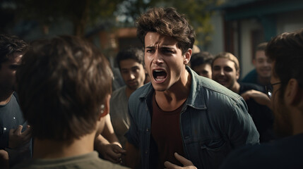 High school bully yelling at kids crowded outside school environment. Angry.  Concept of Intimidation Tactics, Bullying in Public, Schoolyard Conflict, Aggressive Behavior, Intense Verbal Abuse. - obrazy, fototapety, plakaty