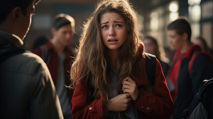 Young girl crying while getting bullied at school. Concept of Bullying Trauma, Emotional Distress, School Harassment, Victim of Bullying, Emotional Vulnerability, Hurtful School Environment.