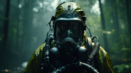 Person wearing Hazmat suit yellow gas mask walking through forest. Concept of Biohazard Precautions, Environmental Contamination, Protective Suit in Nature, Toxic Environment Exploration.