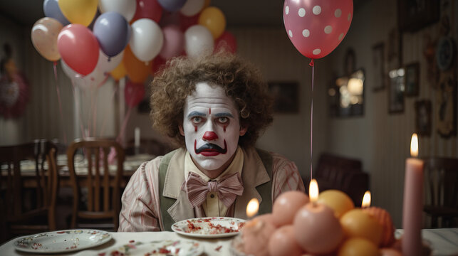 Sad clown at a kids birthday party with balloons. Concept of Emotive Clown Performance, Subdued Festivity, Children's Entertainer's Sadness, Somber Party Atmosphere, Poignant Clown Performance.
