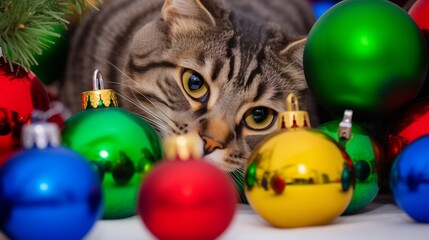 Obraz premium Lovely grey tabby cat playing with christmas baubles and decorations, close-up shot portrait, colors and tender eyes, kitty looking at xmas balls, lying among decorations, cute playful cat destroyer