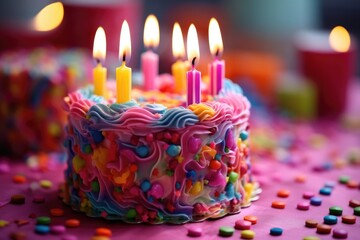 Homemade colorful birthday cake with lit candles. Sweet surprise cake.