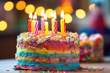 Homemade colorful birthday cake with lit candles. Sweet surprise cake.