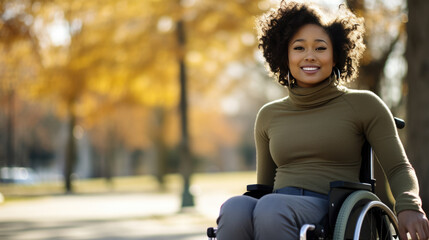 Smiling young woman is sitting in a wheelchair in a park with autumn leaves in the background