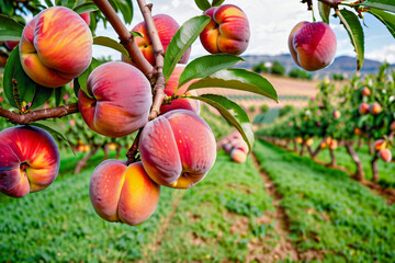 Peach tree with ripe peaches in orchard. Peach farm in Tuscany, Italy