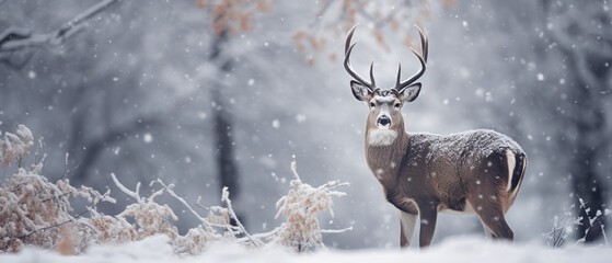 Deer in the snowy woods, Wildlife photography, Blur background, Generative ai