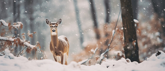 Deer in the snowy woods, Wildlife photography, Blur background, Generative ai