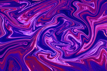 A psychedelic, abstract background of fluid swirls in purple and pink colors with hints of orange and blue