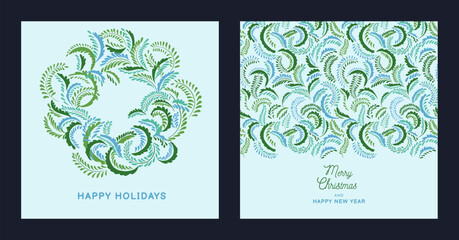Set holiday cards. Template with Christmas wreath and unique floral frame ornament. Xmas and happy new year postcard. Illustration of printing, corporate invitation, greeting cards.