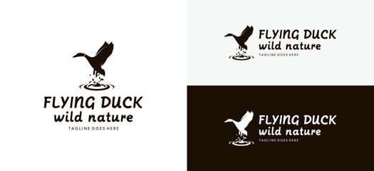 Mallard duck logo design flying over water, vector silhouette of wild duck flying over water