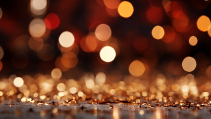 Sparkling copper glitter stretches out with soft bokeh lights creating a warm, festive ambiance