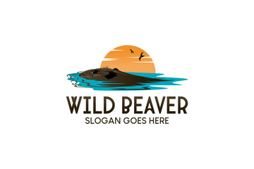 Logo design of wild beaver swimming in water with sun background © SlametWahono