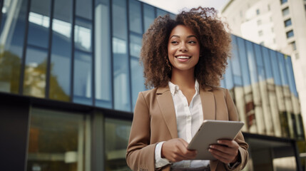 Smiling businesswoman holding a tablet while standing outdoors in front of modern office building in a sunny day.